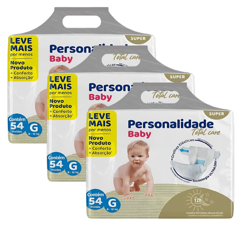 Fraldas Descartáveis Promoção Kit com 3 Pacotes Personalidade Baby Total Care Tam. G - 162 Unidades