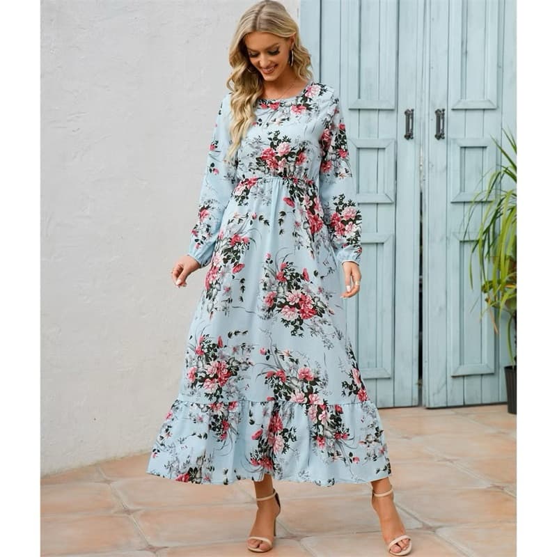 2026 Verão Boêmio Feminino Maxi Vestido Casual Manga Longa Cintura Alta Praia Chiffon Vestido moda evangelica elegante