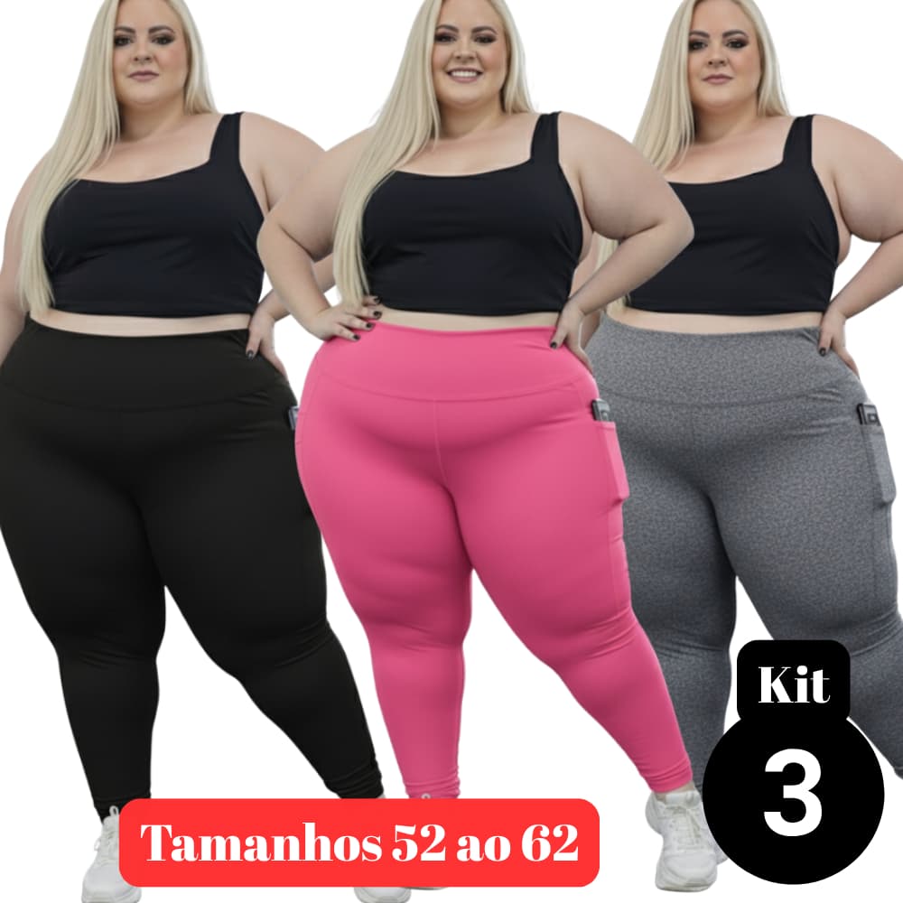 Kit 3 Calça Legging Bolso Plus Size Max (52 ao 62) Feminino Curves academia fitness