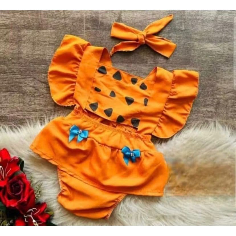 Kit Romper + Tiara Tema Pedrita Flintstones Mesversário Tematico Temático Bebê Lookinho Do Dia Menina Festa Blogueirinha