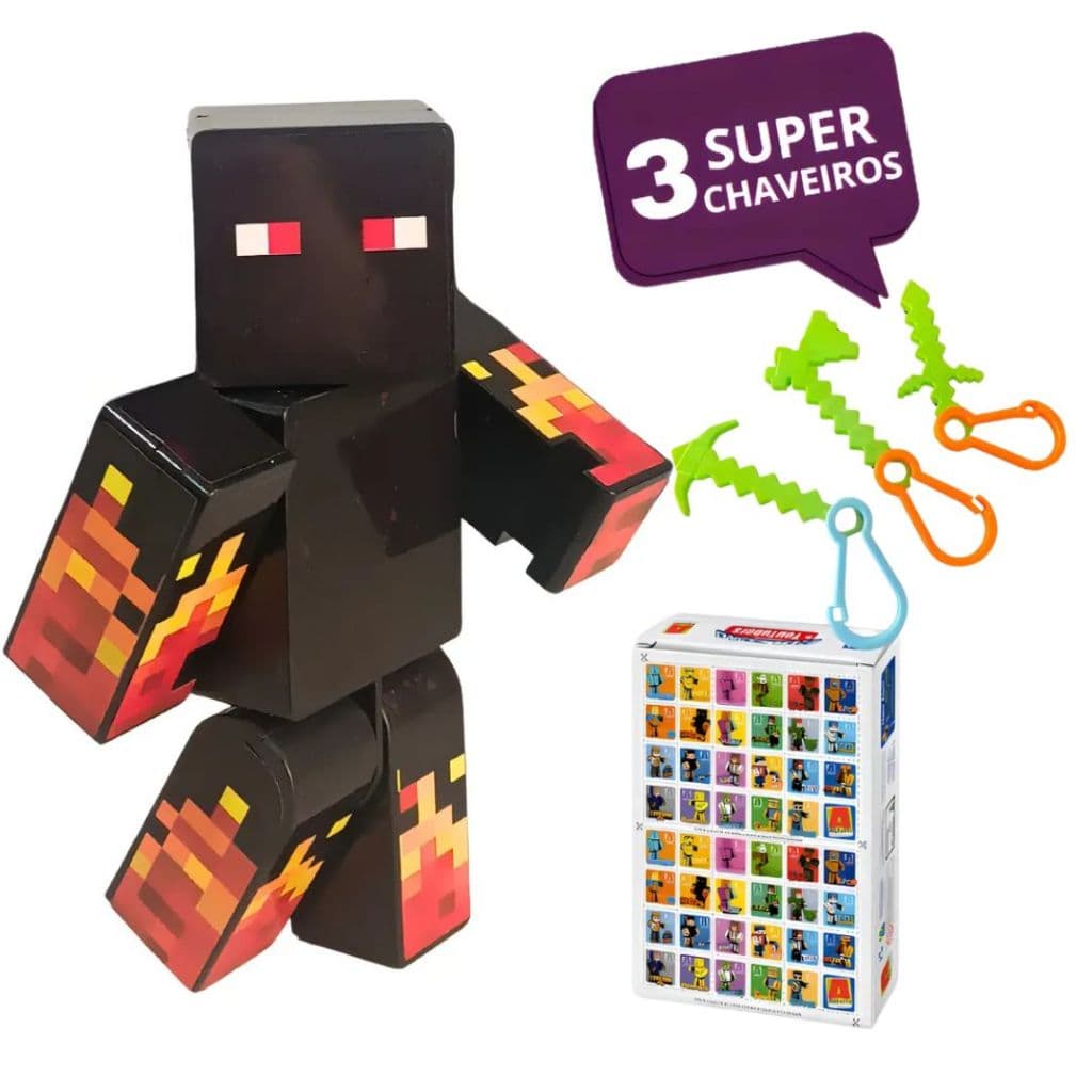 Boneco Articulado Minecraft Athos com 3 Chaveiros