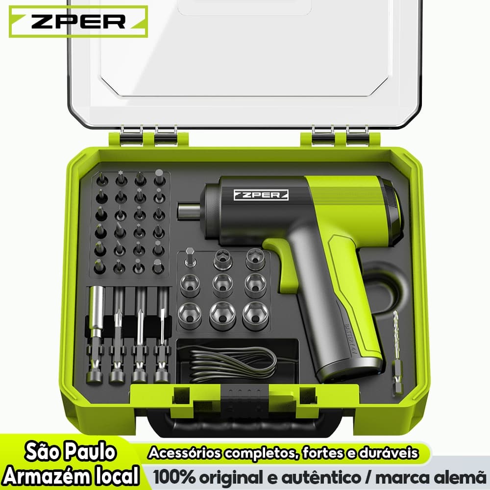 ZPER Parafusadeira 40 Pçs Portátil Sem Fio Kit Chaves Fenda Broca Philips Usb Com Maleta 4V Furadeira Bateria