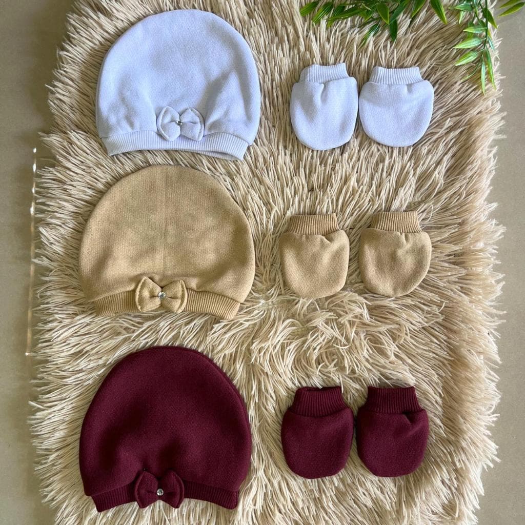 Kit 3 toucas  e 3 pares de Luvas Para Bebê Recém Nascido Algodão Macio Quentinho Maternidade Enxoval Gestante Mat