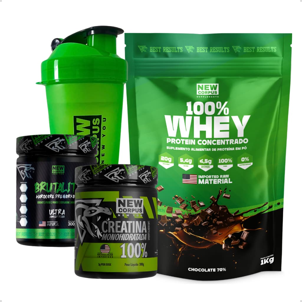 Combo Whey 100% + 1 Pre Treino + 1 Creatina Brinde Shaker New Corpus