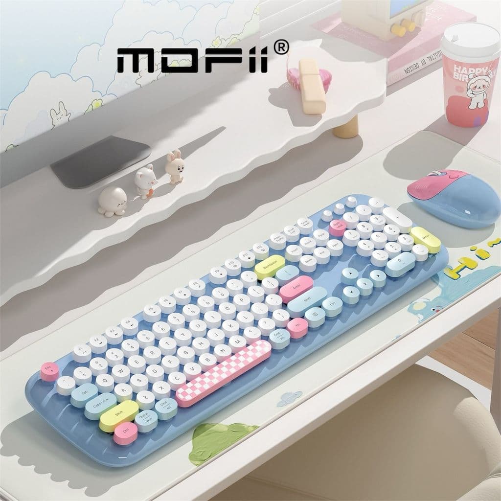 Teclado e Mouse Português Sem Fio Gatinho Geezer 2.4G Wireless  Urso Fofo Azul
