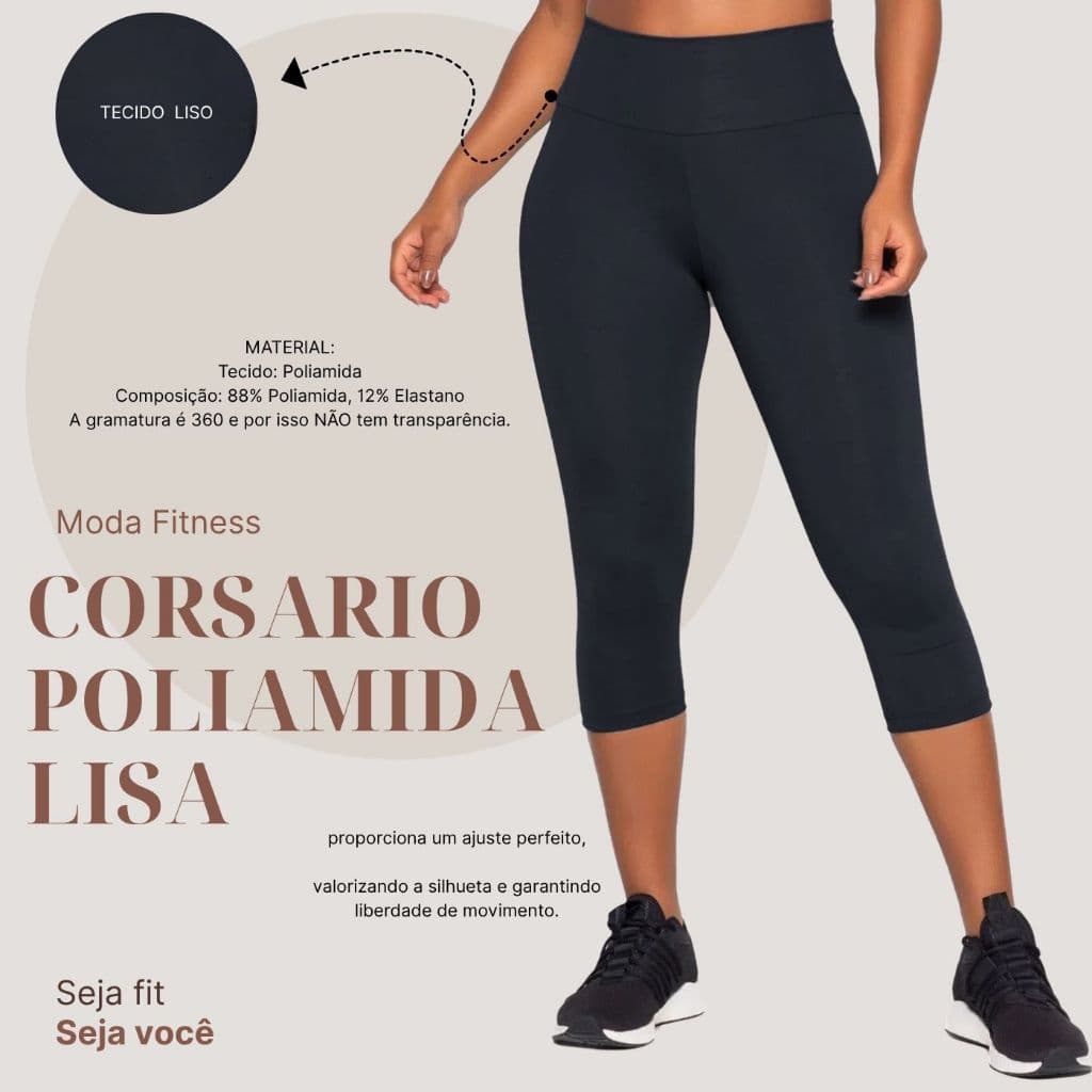 Calça Corsario/Capri Poliamida Lisa Cos/Alto Feminina Fitness