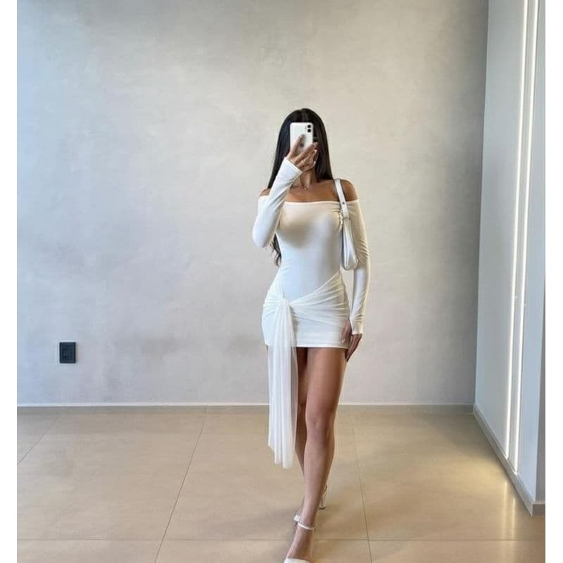 Vestido Curto Manga Longa Ombro a Ombro com Saia Assimétrica em Tule Mini Vestido Tubinho Drapeado