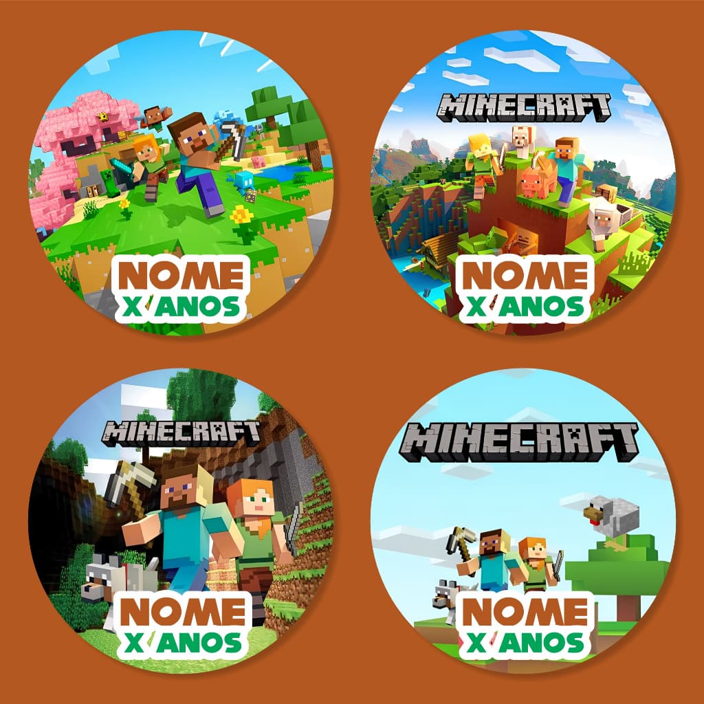 Adesivo Redondo Minecraft 5x5cm – Festa Infantil, Lembrancinha, Decoração Tema Gamer