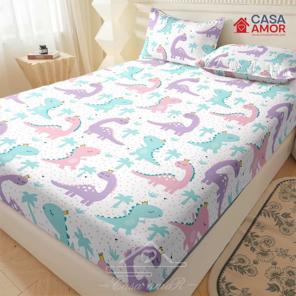 Dinossauros Coloridos Jogo De Lençol 03 Peças SOLTEIRO CASAL QUEEN Percal Ponto Palito Estampado