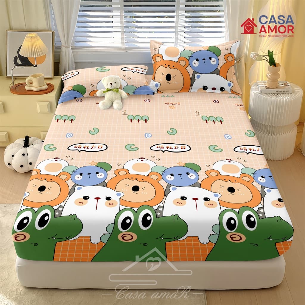 Jogo De Lençol Urso e Crocodilo 03 Peças SOLTEIRO CASAL QUEEN Percal Ponto Palito Estampado