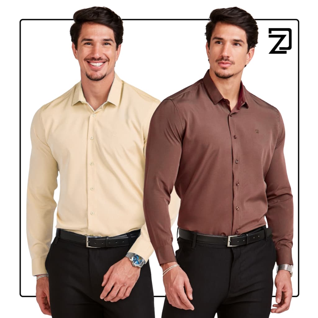 Camisa Social Masculina Manga Longa Slim Kit 2 Peças