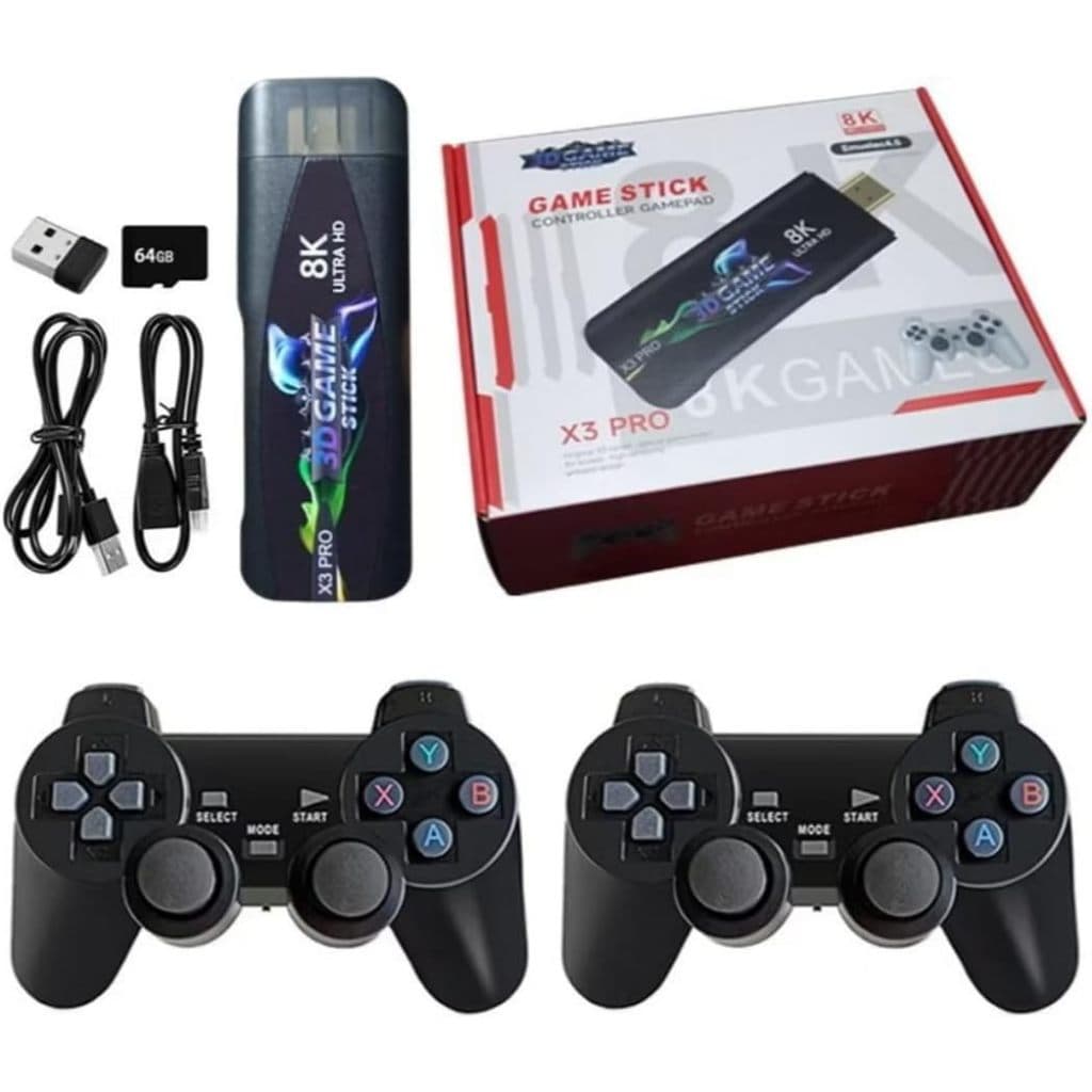 Retro Console Videogames com 2 Controles Sem Fio, X3pro Game 8K 3D 64GB 30.000 + Função Box