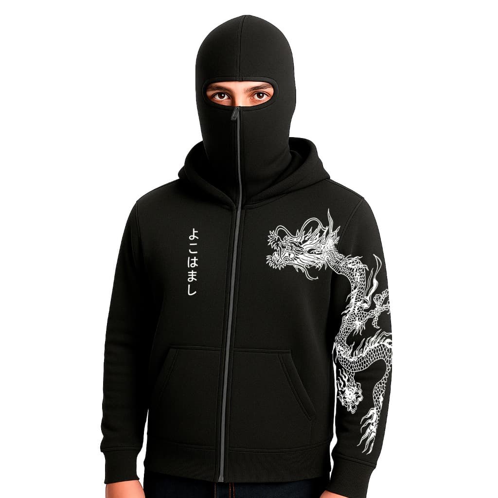 Moletom Balaclava Com Capuz Estampa De Dragão Japonês Streetwear Casaco