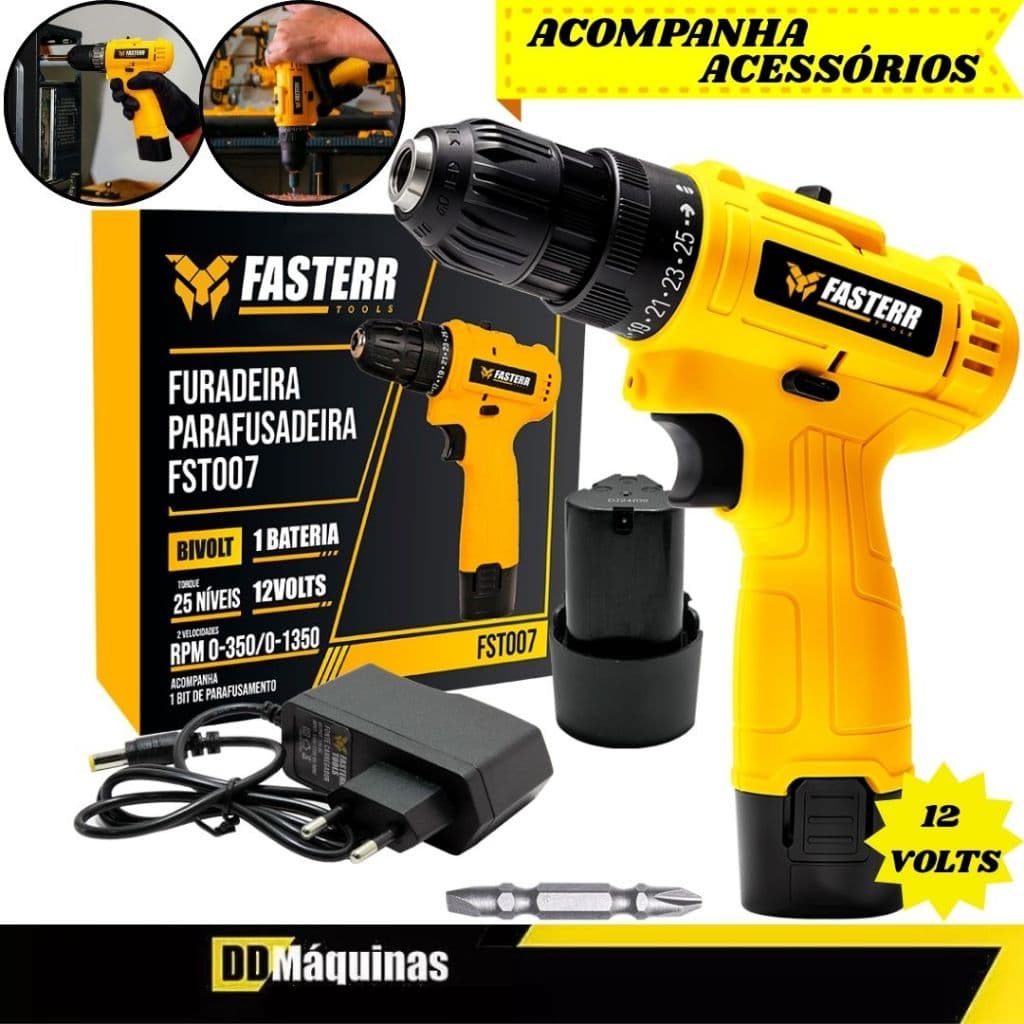 Parafusadeira e Furadeira 3/8” 12V Com Bit e Carregador FST007 - Fasterr