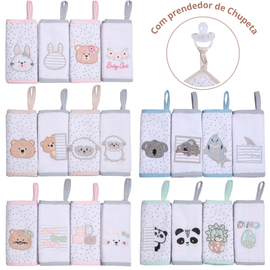 Paninho Boca Bebê Soft Papi Friends bordado Kit 4 fraldinha com prendedor de chupeta babete boquinha