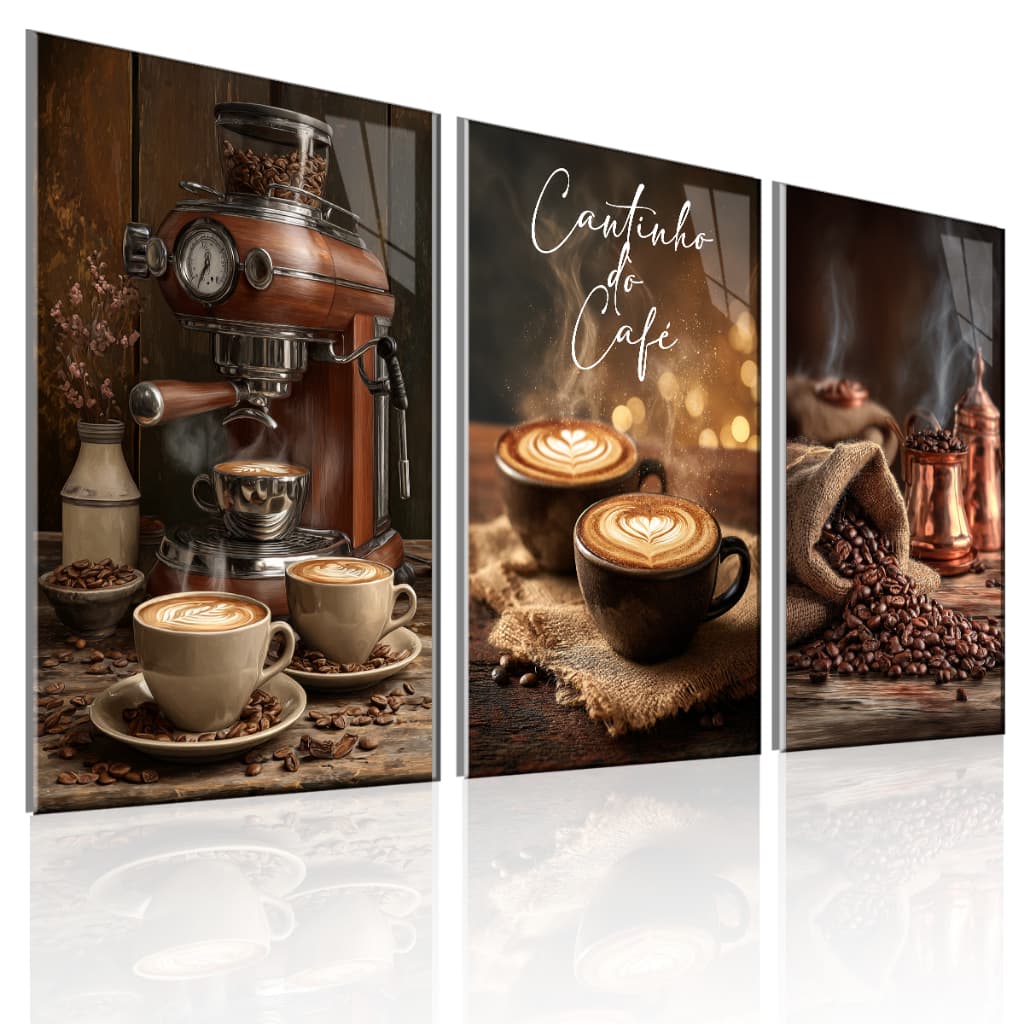 Quadros Decorativos 3 Peças Máquina Expresso Xícara de café Café em grãos Casa Sala Quarto Decoração Parede Cafeteria