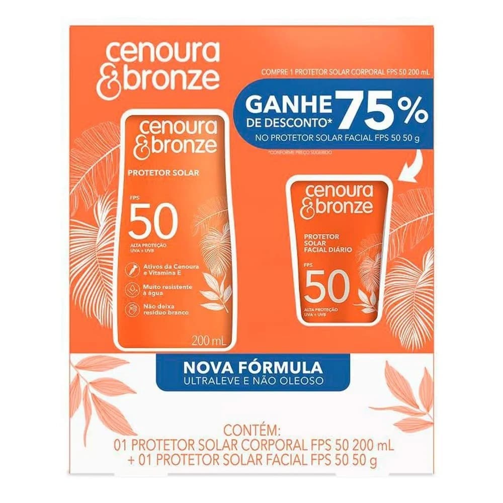 Kit Protetor Solar FPS 50 200ml + Protetor Solar Facial Toque Seco FPS 50 50g Cenoura & Bronze