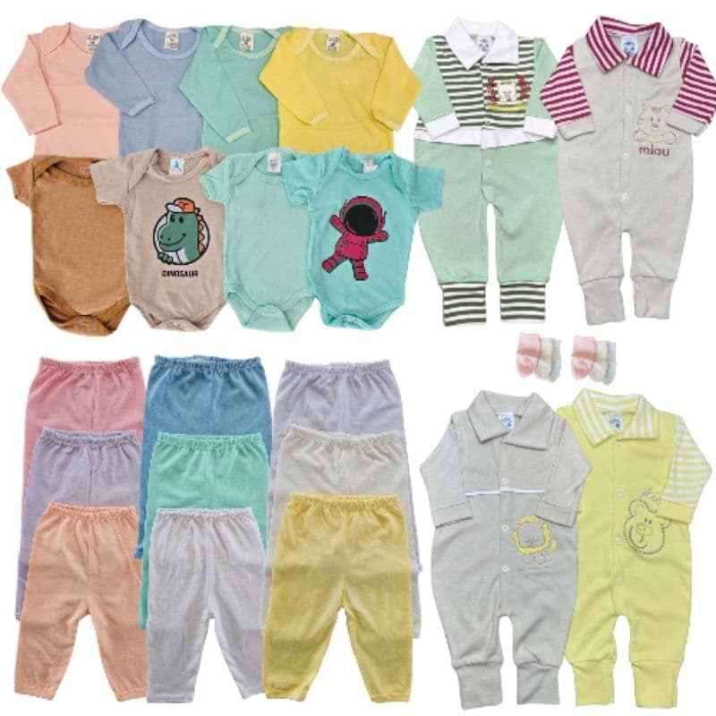 Kit c/ 6 peças Enxoval de Bebê com Body, Mijao e Macacão