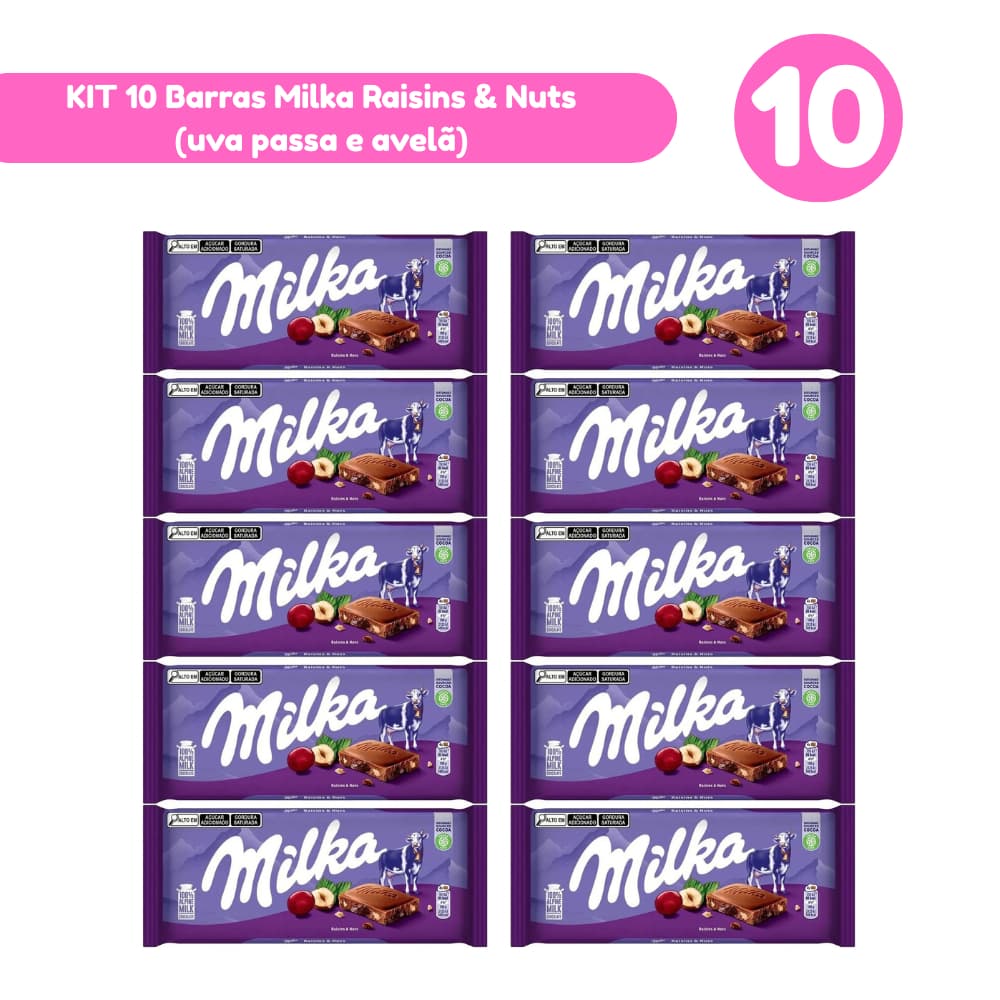Kit 10 Barras Milka Raisins & Nuts (passas e avelã) 100g Importadas Mondelez Kit com 5 e 10 Unidades