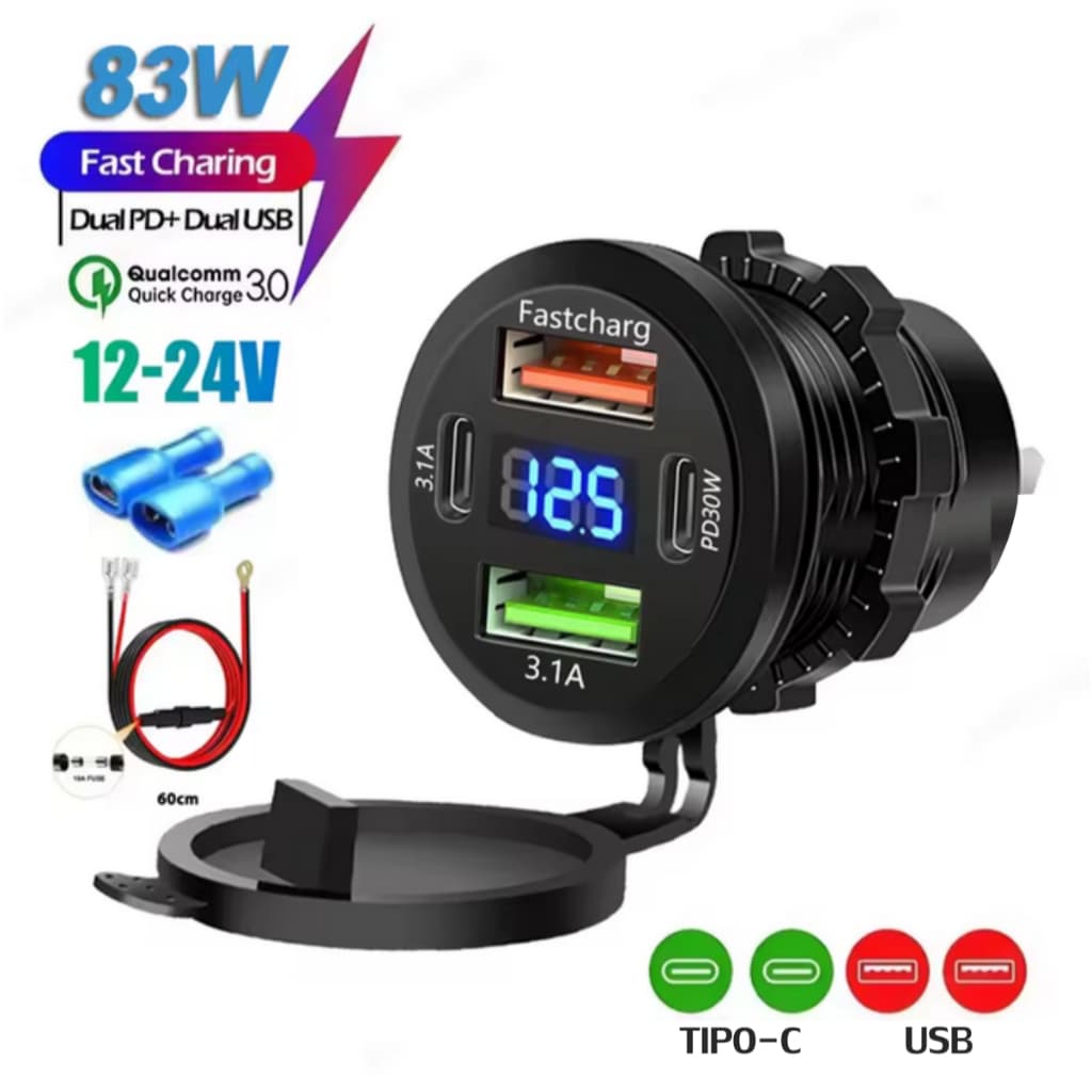 Carregador Automotivo USB QC 3.0 Turbo 4 Saidas 12/24v LED Voltimetro Carro