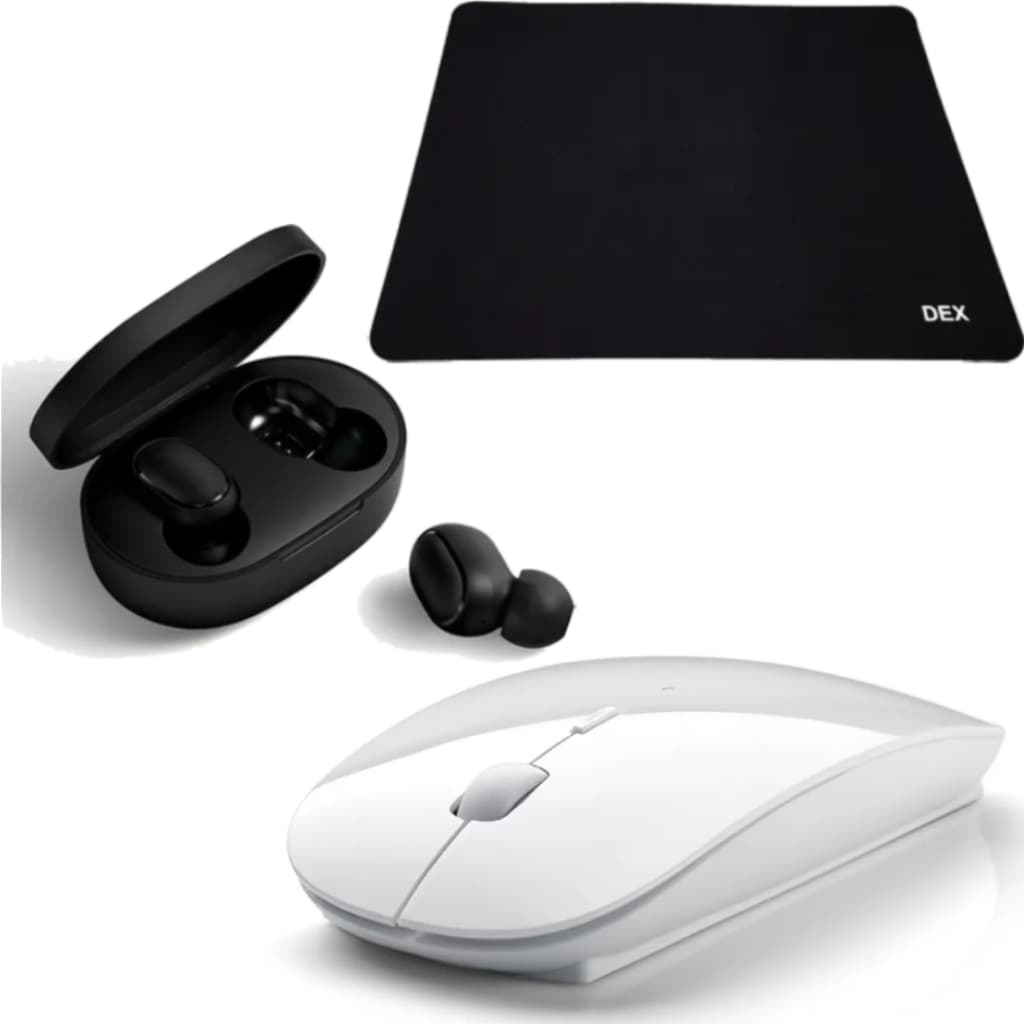 Mouse Sem Fio a Pilha Led Wireless Cor Branco e Mouse Pad Dex Fone Ouvido Xiaomi Redmi AirDots