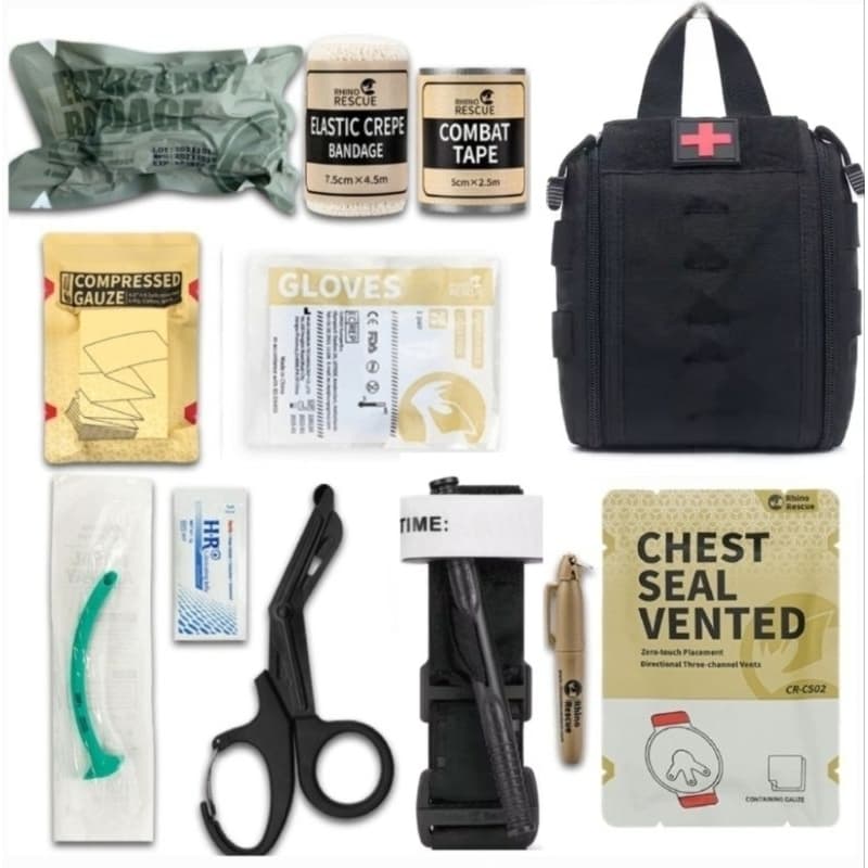 Kit Primeiros Socorros Rhino Rescue 12 Itens com Bolsa Modular Tática Sistema Molle - APH/IFAK