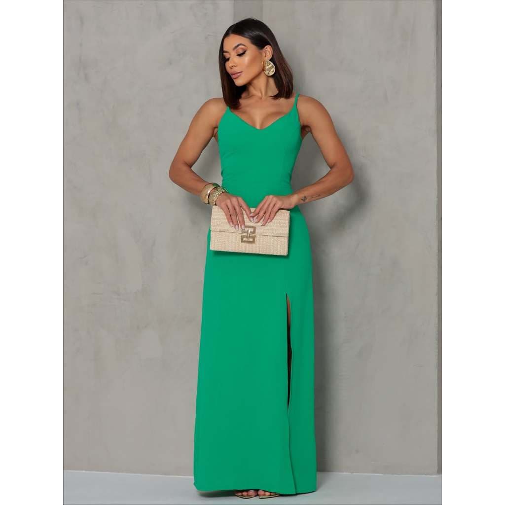 Vestido Longo Elegante, Com Fenda, airflow duna,  vestido sofisticado festa, vestido alça fina, vestido social Forrado.