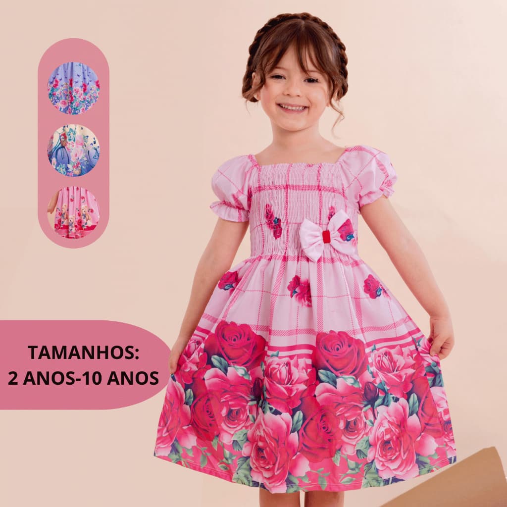 Vestido Menina Infantil Manga Bufante Estampa Flores Colorido Princesa