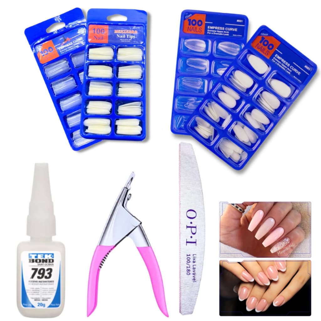 Kit Completo Alongamento de Unha - Unha Postiça + Alicate + Tekbond + Lixa
