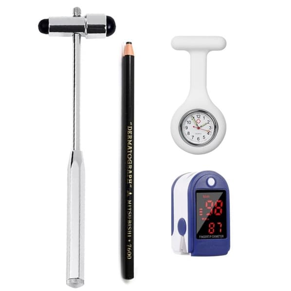 Kit Martelo Buck Inox + Oxímetro Dedo + Relógio Lapela + Lápis Derma | Enfermagem/Fisioterapia/Saúde