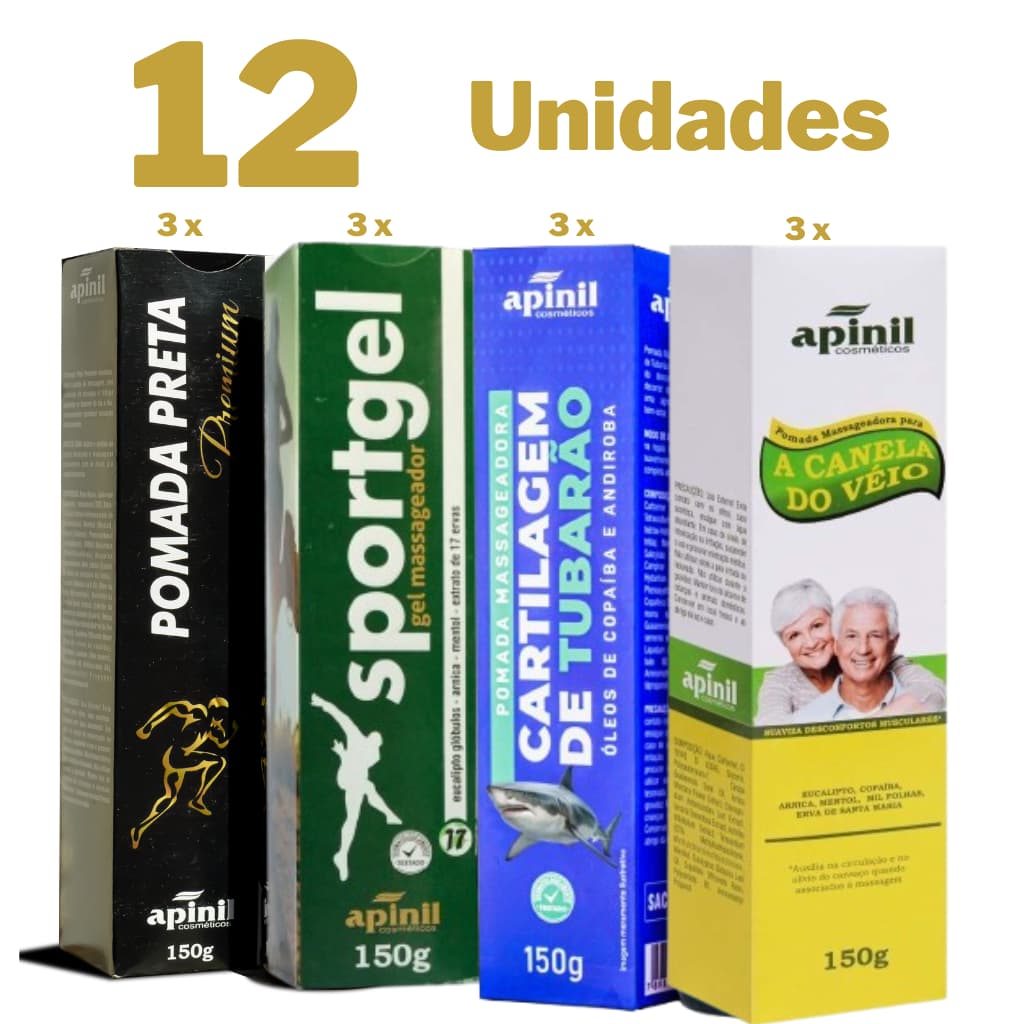 Kit 12 Pomadas Premium para Alívio de Dores Musculares e Articulares 150g