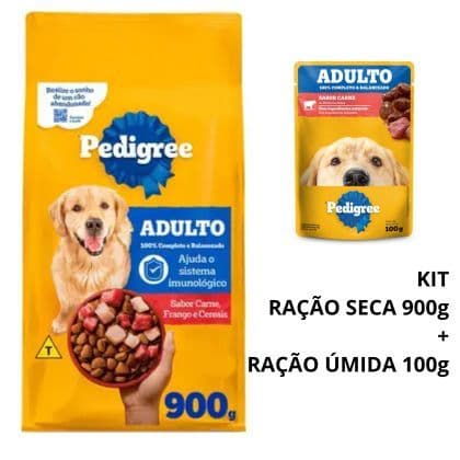 Kit PEDIGREE Ração Carne Frango e Cereais Cães Adultos 12 Meses ou mais 900g + Ração úmida Carne 100g
