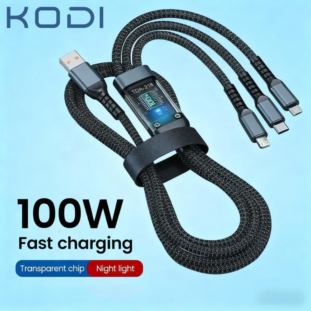 Cabo 3 em 1 Carregamento Rápido 100W 6A – Liga de Zinco, 1.2m, USB para Lightning/Type-C/Micro A1