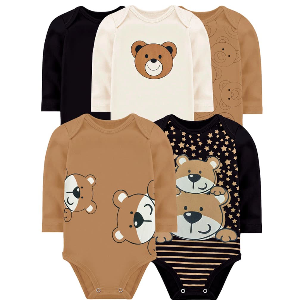 Kit Sortido 5 Peças Body Algodão Roupa Infantil Bebê Menino Menina 5 Bodies Manga Longa