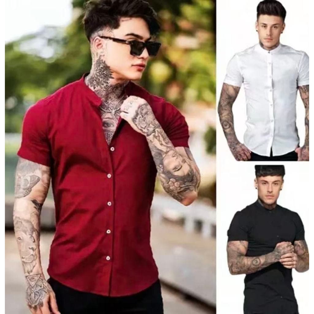 Camisa Social Gola Padre Masculina Slim Fit Manga Curta