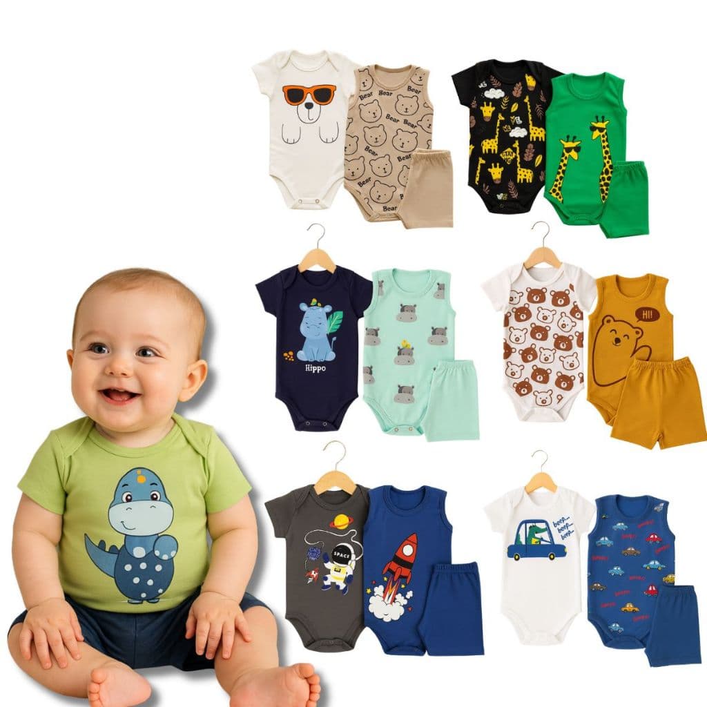 Kit 9 Peças Body Bebê Menino Verão Algodão Roupas Enxoval Body Manga Curta Regata Short