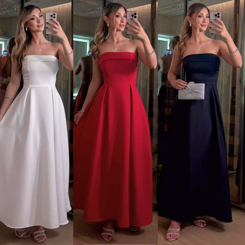 Vestido Longo Tomara que Caia com Bojo e Abertura nas Costas – Elegância