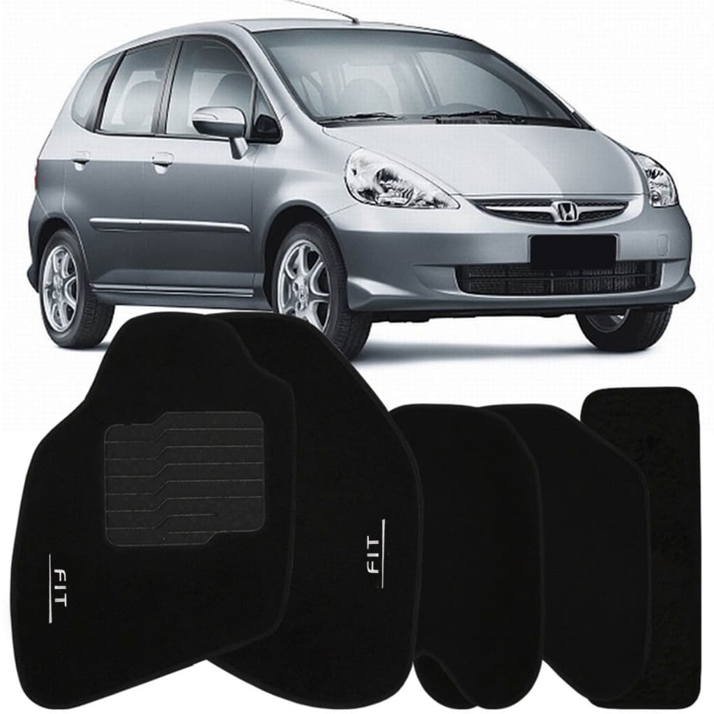 Jogo de Tapete Automotivo Carpete Fit 2004 à 2008 Soft Logo Bordado Preto 5 Peças