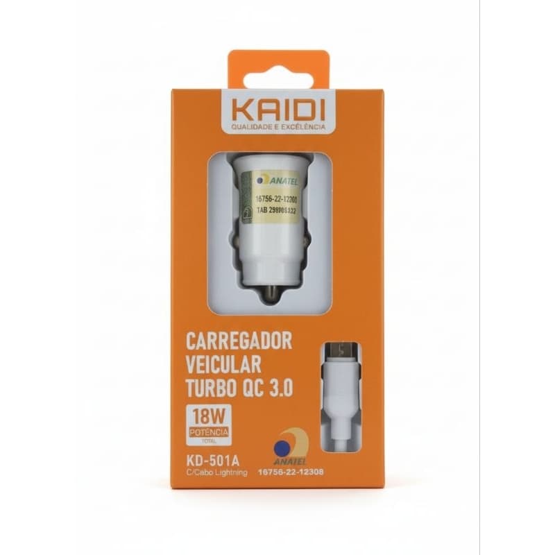 CARREGADOR VEICULAR TURBO IPHONE 18W LIGHTNING KAIDI KD-501A NOVOS