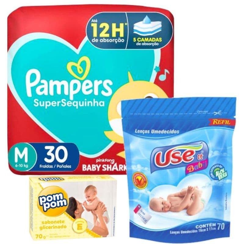 Kit chá de bebê Presente Fralda Pampers + sabonete + refil de lenço umedecido