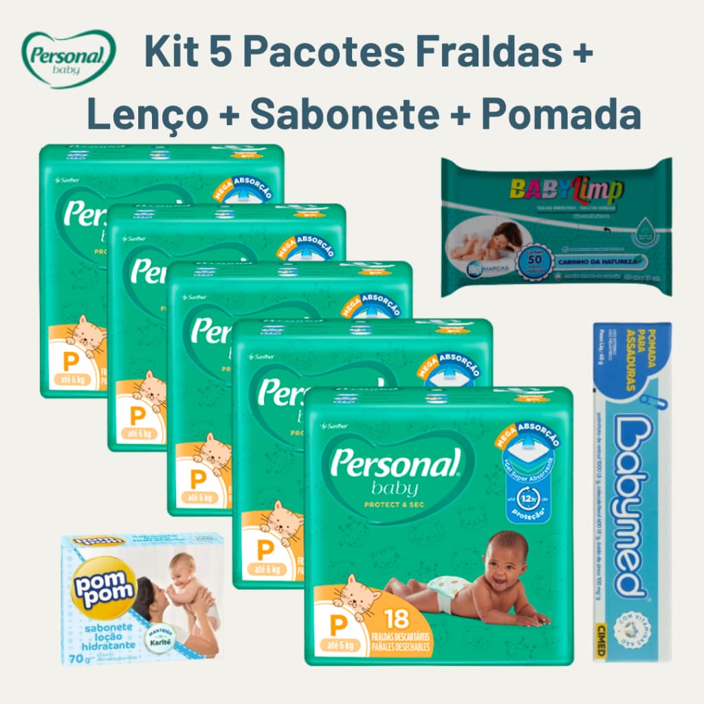 Kit Fraldas Personal 5 Pacotes + Lenço + Sabonete + Pomada