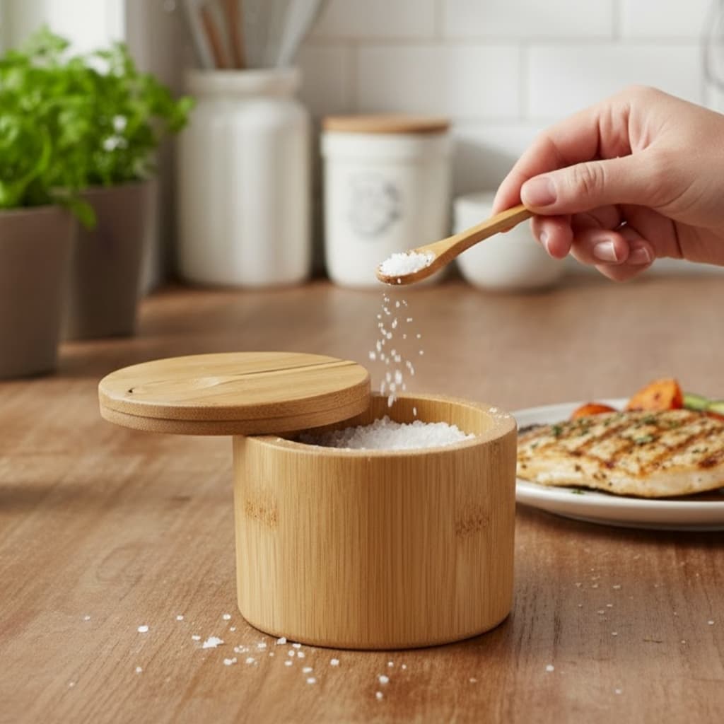 Saleiro de Bambu Tampa Giratória Sal Açucar Granola Café Cereais Tempero Porta Condimentos Cozinha