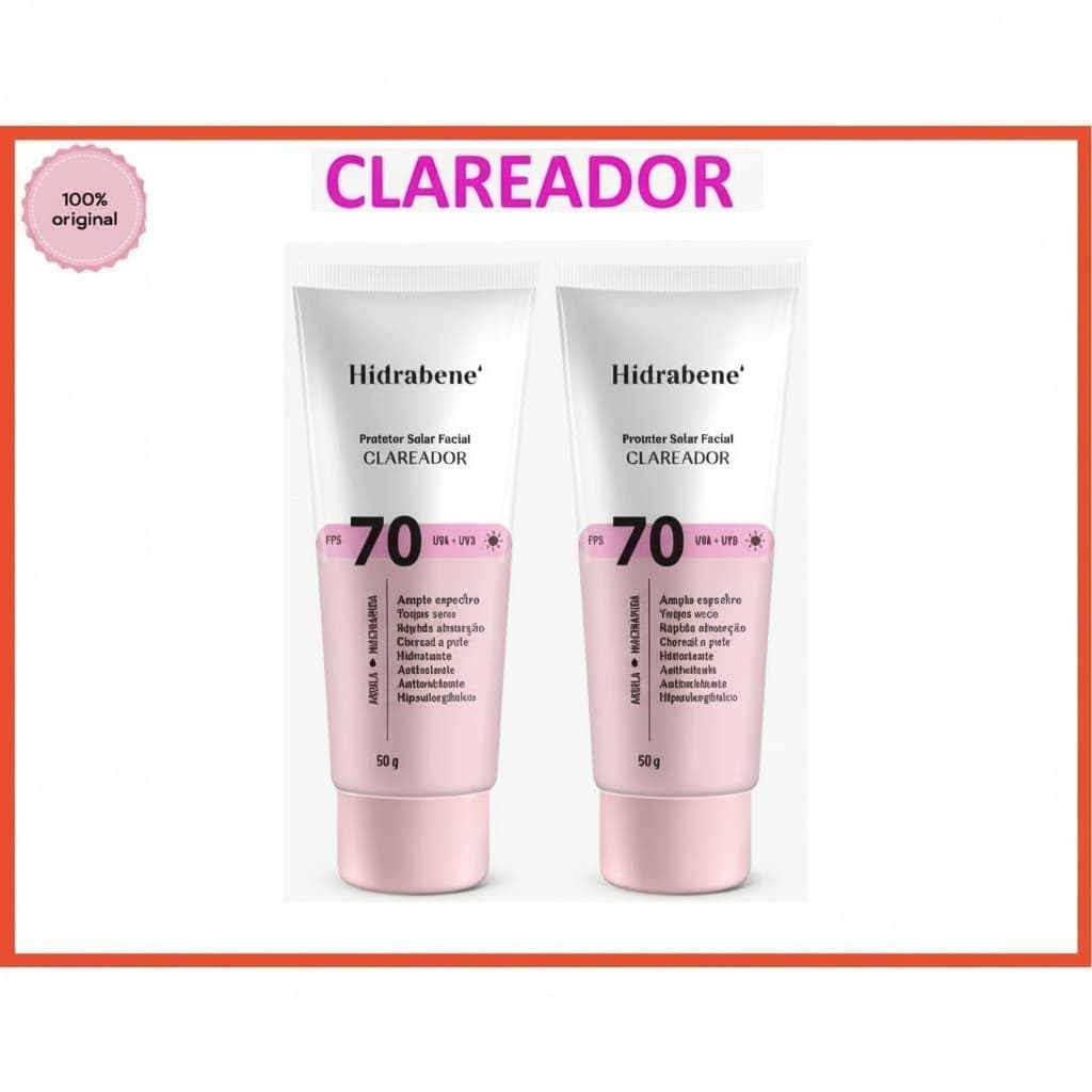 Hidrabene 2 Protetor Solar Facial Clareador FPS 70 Toque Seco Antissinais Clareia a pele 50g