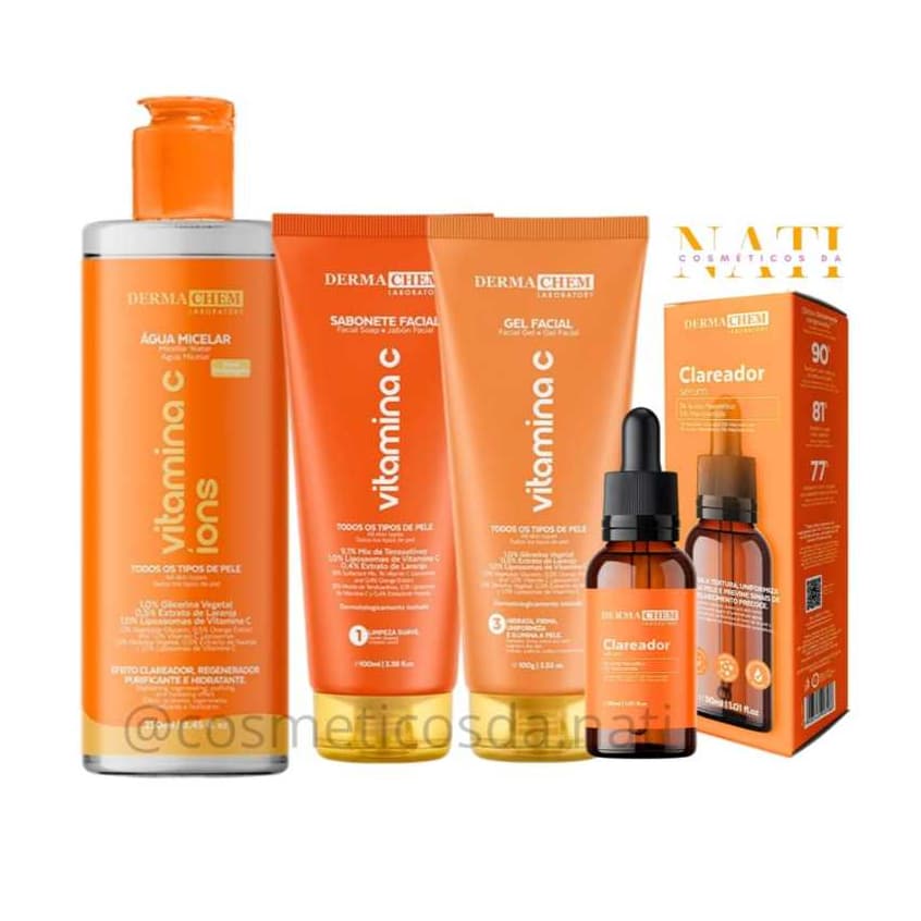 Kit Skin Care Dermachem Vitamina C Limpeza Facial Água Micelar Sabonete  Gel Serum Clareador