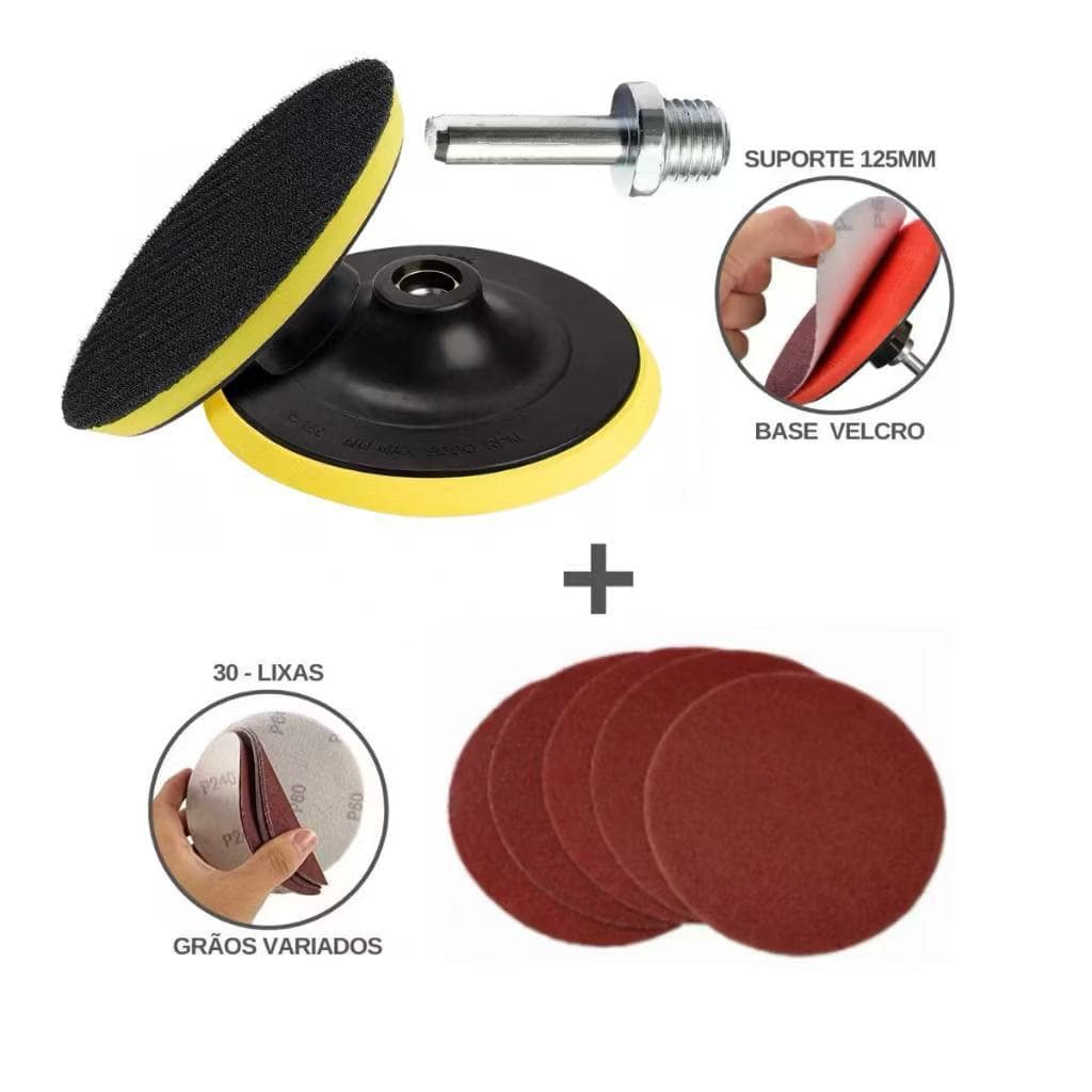 Base Suporte Disco 125mm + 100 Lixas Sem Furos Com Velcro 5" Furadeira Esmerilhadeira VANT3