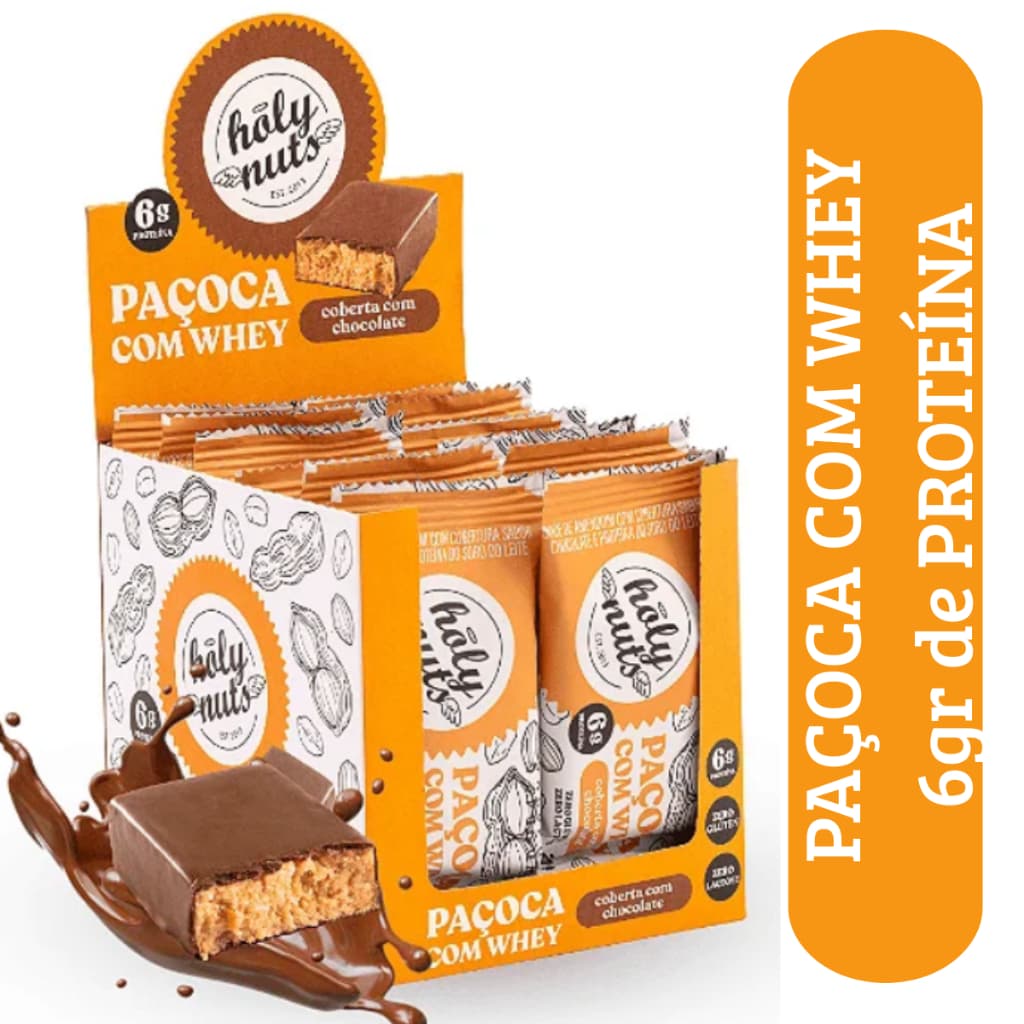 Paçoca Zero Açúcar Com Whey Protein Coberta Com Chocolate ao Leite Caixa com 12 unidades
