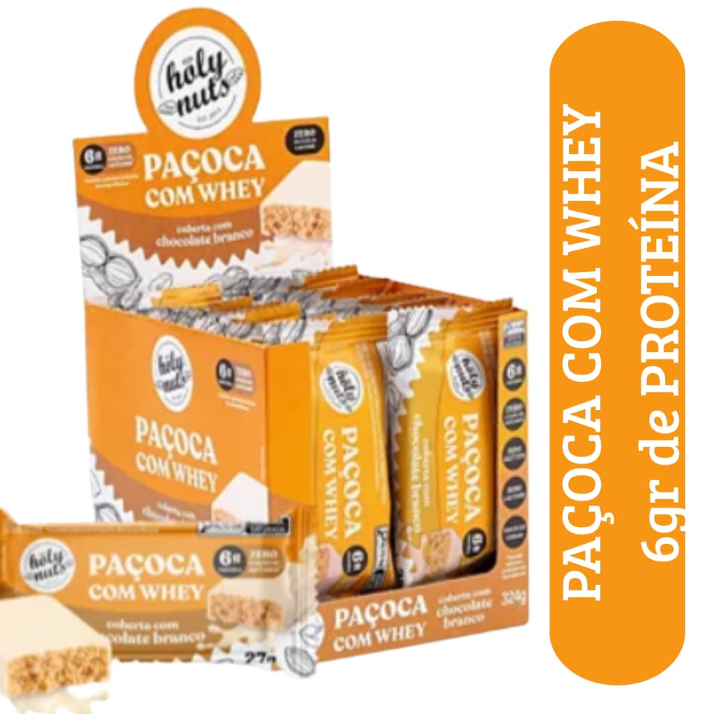Paçoca Zero Açúcar Com Whey Protein Coberta Com Chocolate Branco Caixa com 12 Unidades