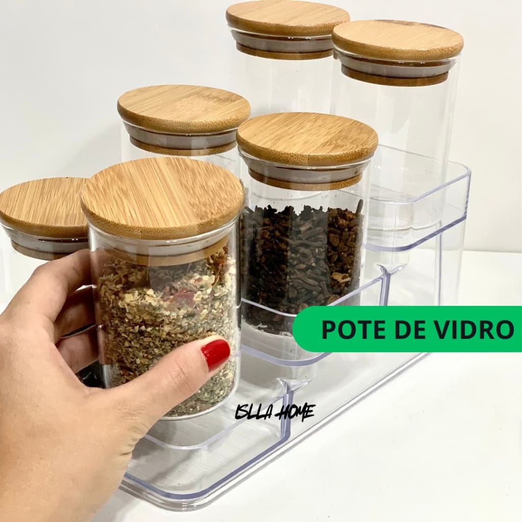 Kit Potes de Vidro 200ml para Temperos com Tampa de Bambu Organização Cozinha