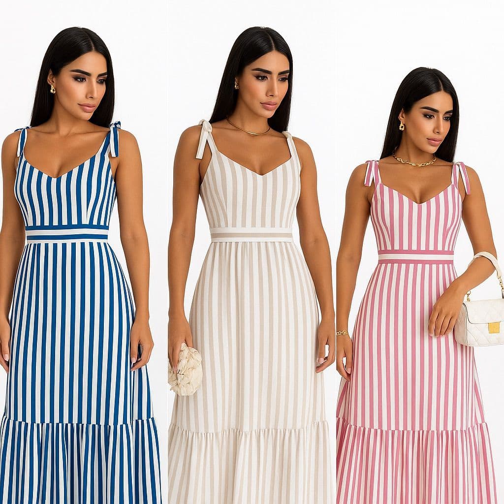 Vestido Longo Feminino Listrado Viscolinho com Elastex nas Costas Alça Estilo Casual Chic Tendência Verão Elegante 2026