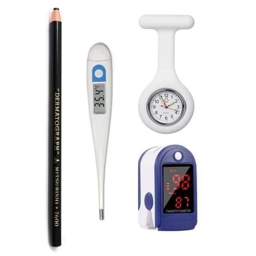 Kit Oxímetro Dedo + Termômetro + Lápis Derma + Relógio Lapela | Enfermagem Fisioterapia Saúde